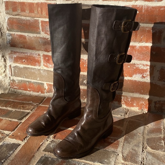 Stuart Weitzman Ludlow Leather Canvas Riding Boots - Picture 3 of 16